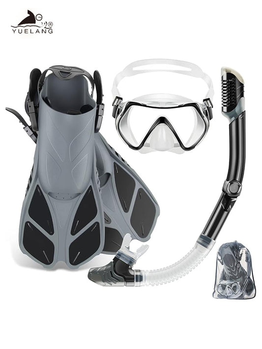 Mask flippers snorkel set, adult travel size snorkel gear with panoramic anti-fog mask, Trek flippers, dry top snorkel and swim training gear bag, snorkel set dive packages