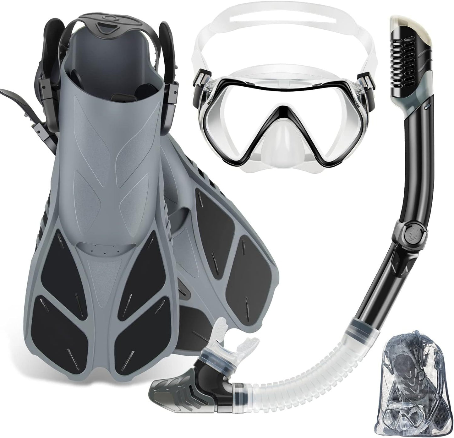 Mask flippers snorkel set, adult travel size snorkel gear with panoramic anti-fog mask, Trek flippers, dry top snorkel and swim training gear bag, snorkel set dive packages