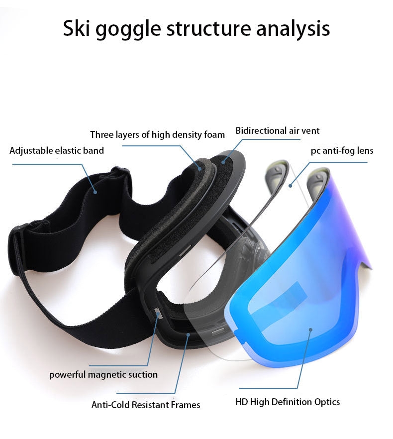 Magnetic Ski Goggles Column Ski Glasses Anti-fog Large Frame HD Ski Goggles Snowmobile Skiing Skating