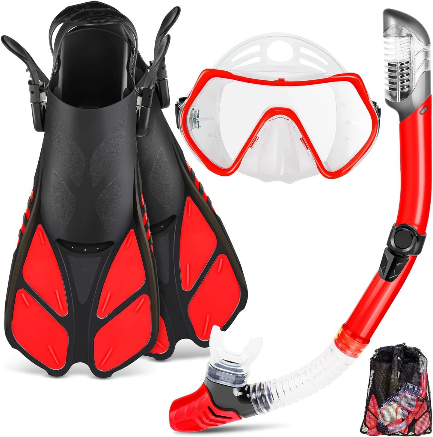 Mask flippers snorkel set, adult travel size snorkel gear with panoramic anti-fog mask, Trek flippers, dry top snorkel and swim training gear bag, snorkel set dive packages