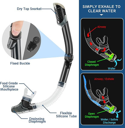 Mask flippers snorkel set, adult travel size snorkel gear with panoramic anti-fog mask, Trek flippers, dry top snorkel and swim training gear bag, snorkel set dive packages