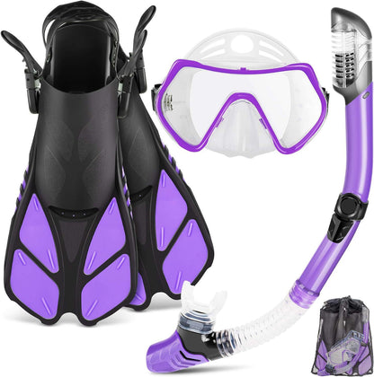 Mask flippers snorkel set, adult travel size snorkel gear with panoramic anti-fog mask, Trek flippers, dry top snorkel and swim training gear bag, snorkel set dive packages