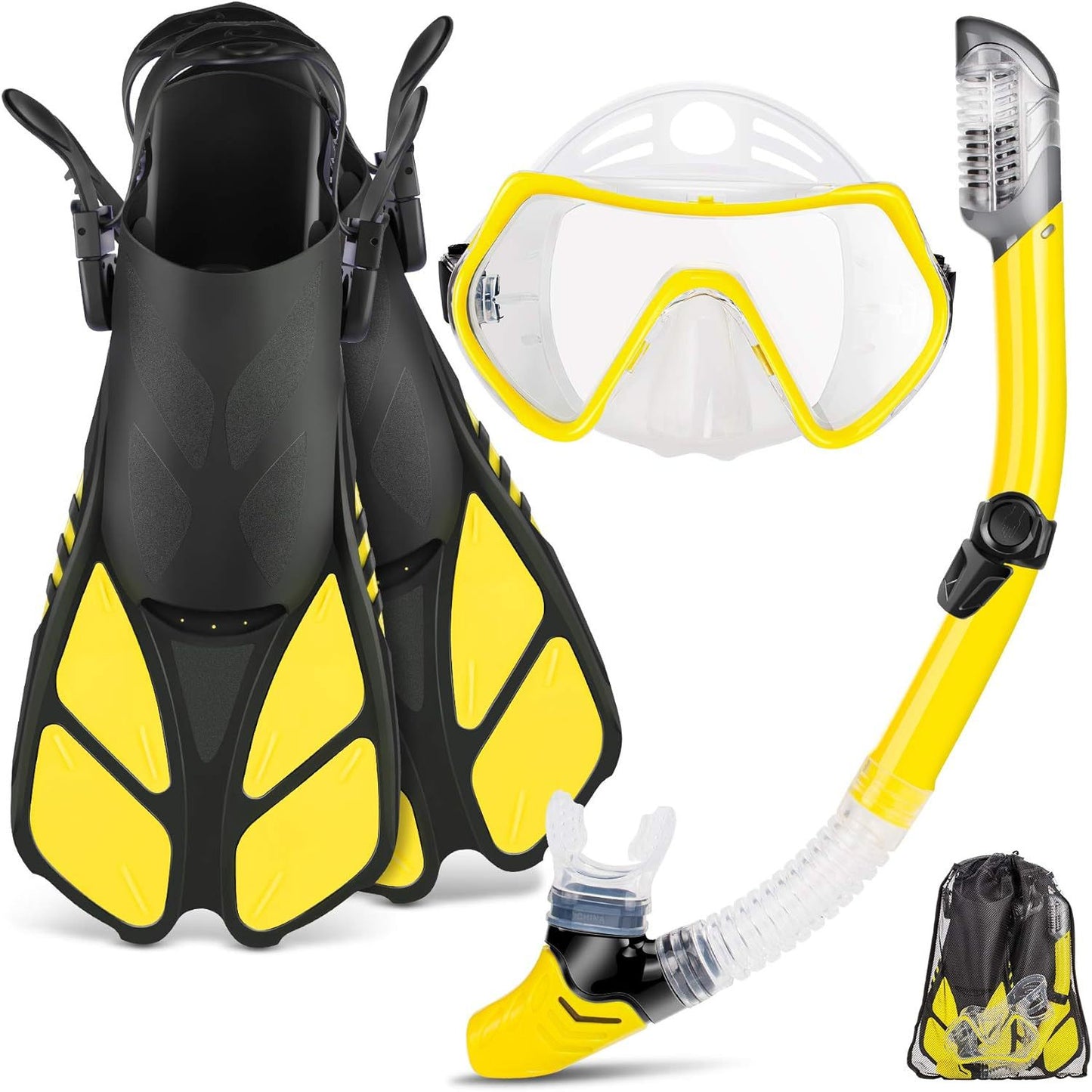 Mask flippers snorkel set, adult travel size snorkel gear with panoramic anti-fog mask, Trek flippers, dry top snorkel and swim training gear bag, snorkel set dive packages