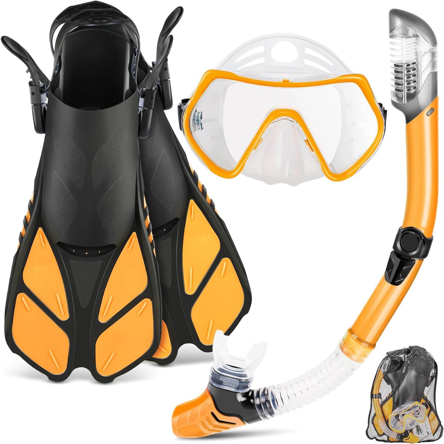 Mask flippers snorkel set, adult travel size snorkel gear with panoramic anti-fog mask, Trek flippers, dry top snorkel and swim training gear bag, snorkel set dive packages