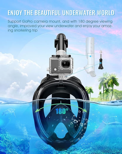 Full face snorkeling mask with the latest dry top system, foldable 180-degree panoramic snorkeling mask with camera mount, safe breathing, leak-proof and anti-fogging