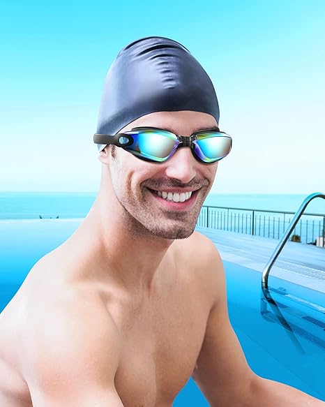 Adults Antifog Professional Swimming Goggles Black Swimming Glasses with Earplugs Nose Clip Electroplate Silicone Swim Glasses