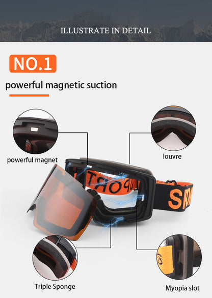 Adult large frame HD anti-UV glare ski goggles magnetic suction column surface double layer anti-fog ski glasses outdoor wind and snow ski goggles