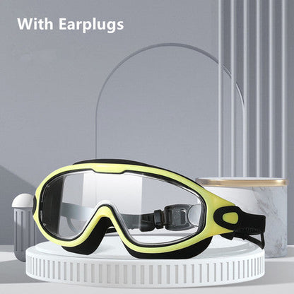 Adults Antifog Professional Swimming Goggles Black Swimming Glasses with Earplugs Nose Clip Electroplate Silicone Swim Glasses