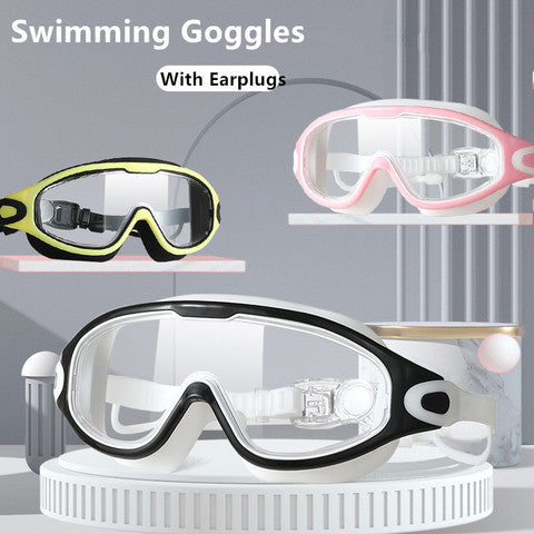 Adults Antifog Professional Swimming Goggles Black Swimming Glasses with Earplugs Nose Clip Electroplate Silicone Swim Glasses