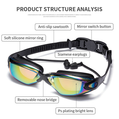 Adults Antifog Professional Swimming Goggles Black Swimming Glasses with Earplugs Nose Clip Electroplate Silicone Swim Glasses